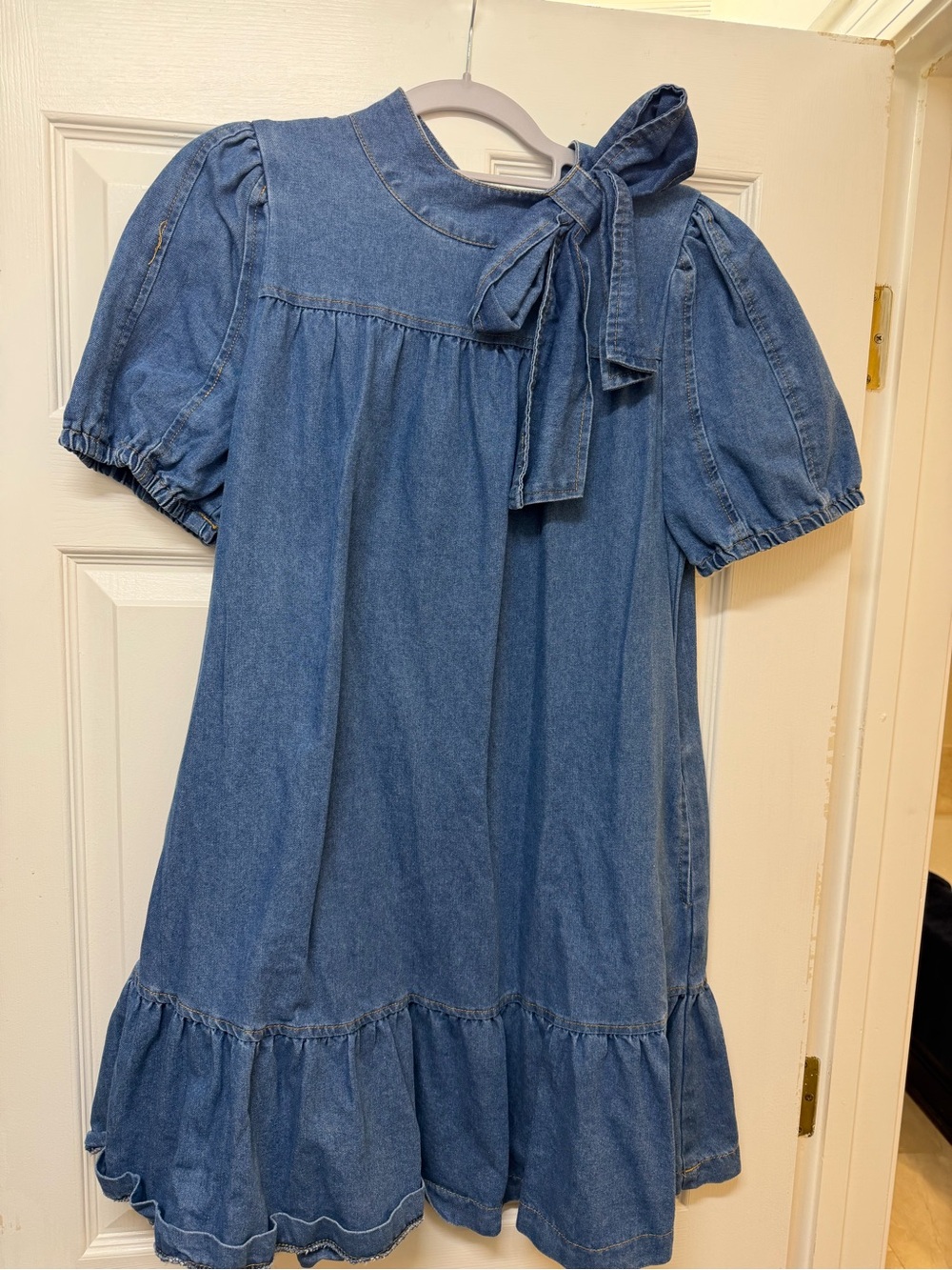 Girls' Blue Denim Bow-Accent Puff Sleeve Dress